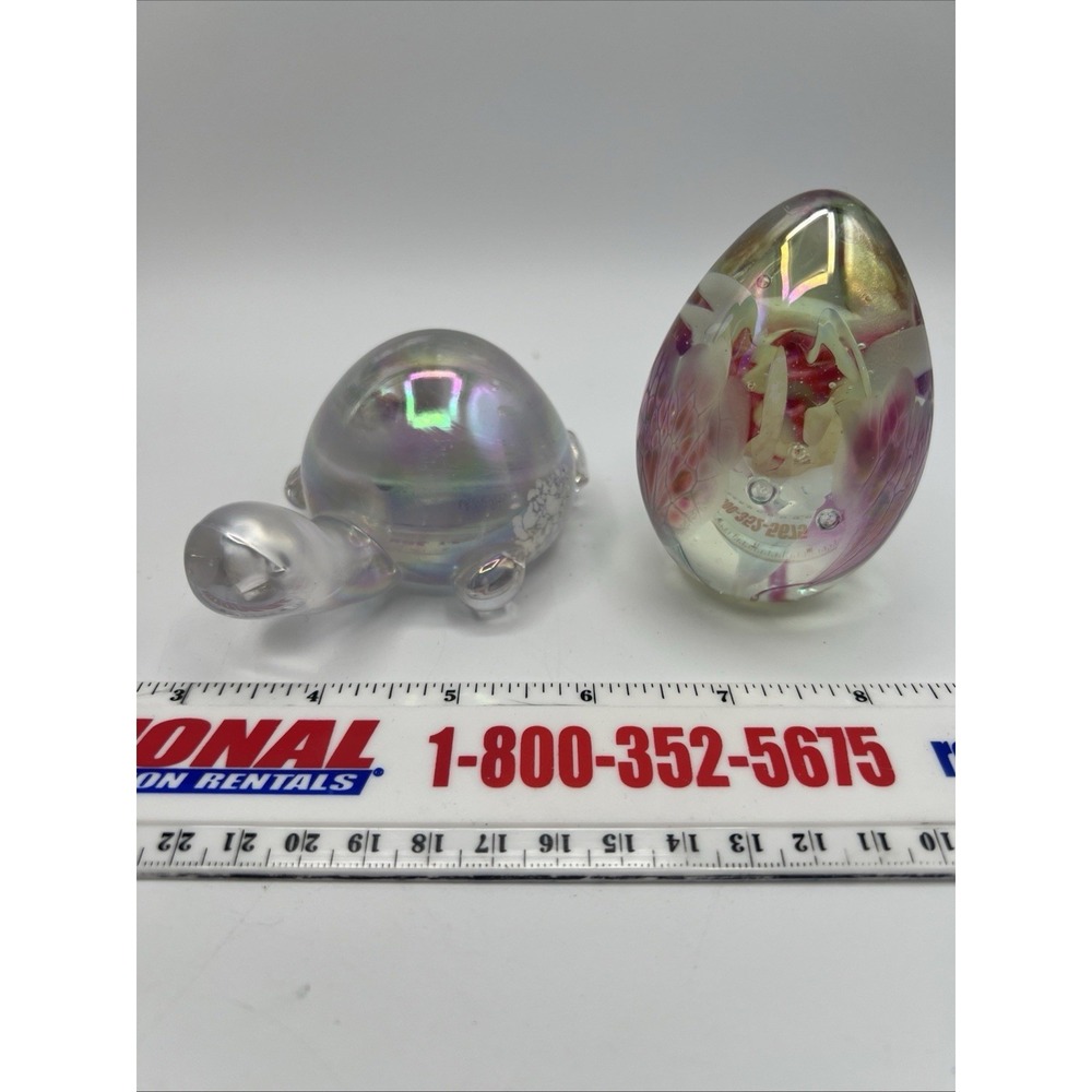 Lot Of VTG 1980s Signed Art Glass Egg Paperweight Floral Bubbles Turtle Carnival